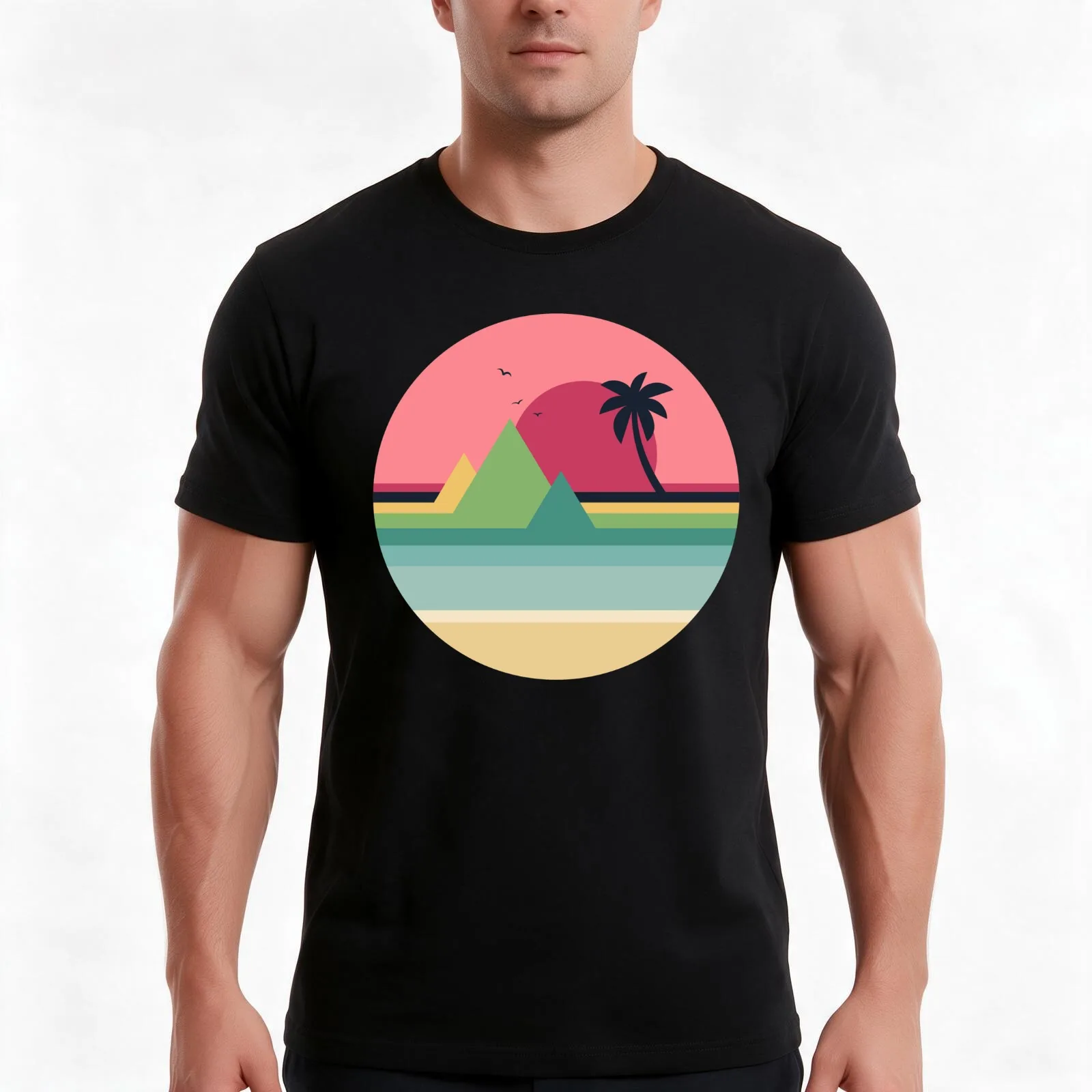 Tropical Sunset T-Shirt, Summer Casual Cotton Tee, Oversized Streetwear Tops, Vintage Graphic Print, Loose Fit Short Sleeve