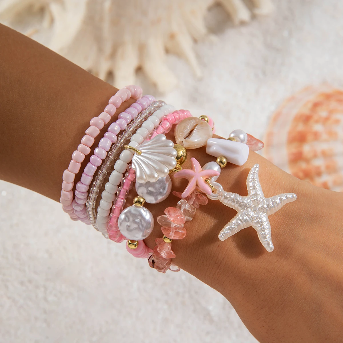 Tocona Bohemian Resort Style Shell Beaded Weaving Bracelet Beach Style Starfish Rice Beads Seven Piece Set for Women 25134