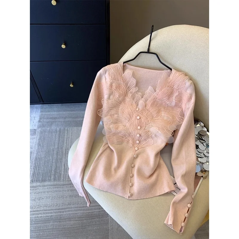 

Женский трикотаж с французской кружевной отделкой и V-Ne, облегающий длинный топ-свек Ele, нежная осенняя женская трикотажная одежда Faion