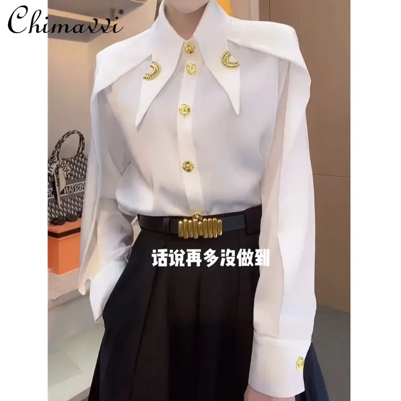 Spring Autumn New Shirt Women's Fashion Commuter Pointed Neck Long Sleeve Design White Shirt Slim Elegant Women's Chiffon Tops
