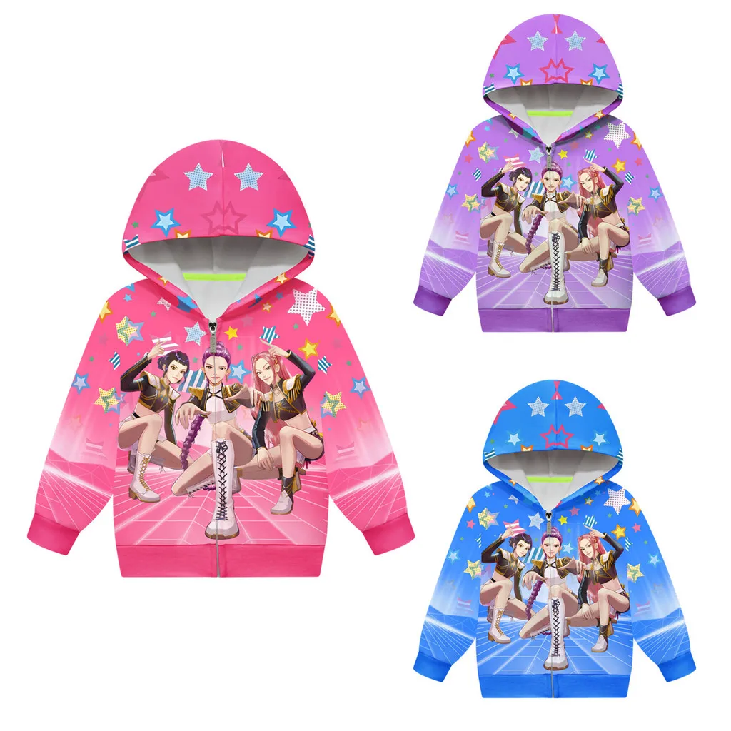 

Kids Girls Cartoon Super Star POP Singers Printed Casual Hooded Zipper Long Sleeves Jacket Coat