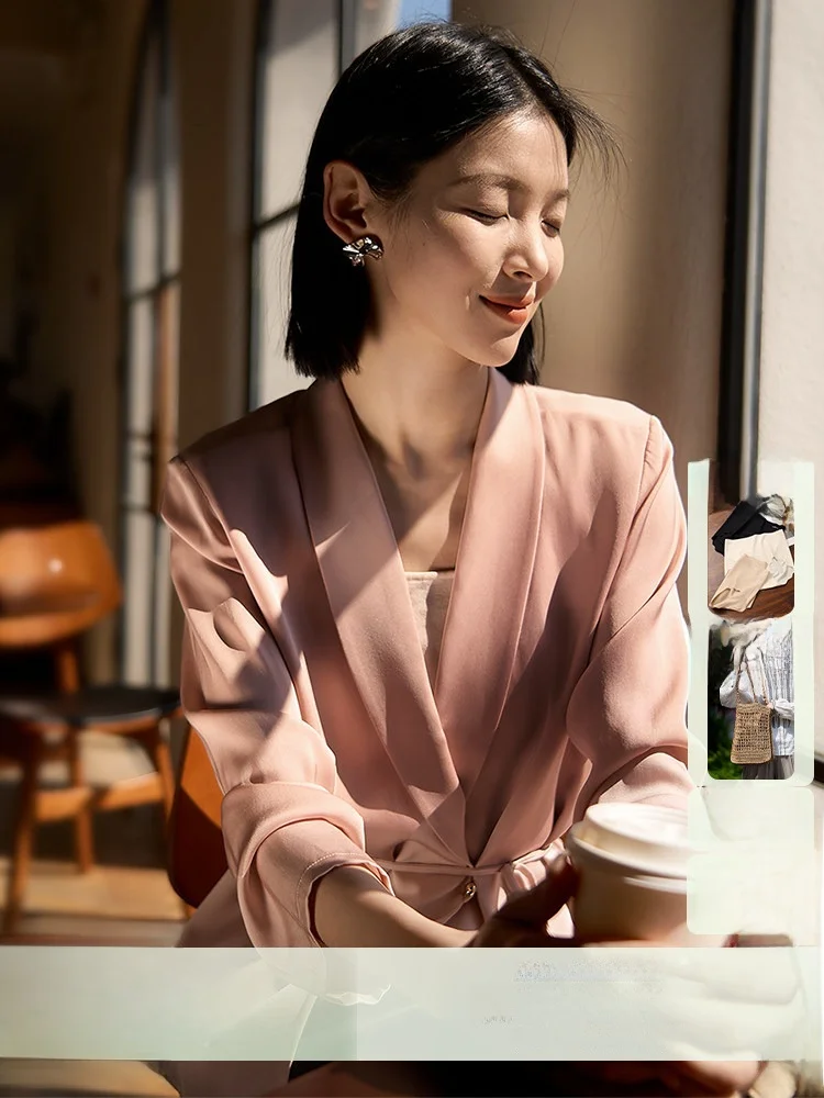 

Romantic Selection Xhange 22mm Heavyweight Silk Loose Waist Design Sense Women's Suiting Breathable Long Sleeve roun...