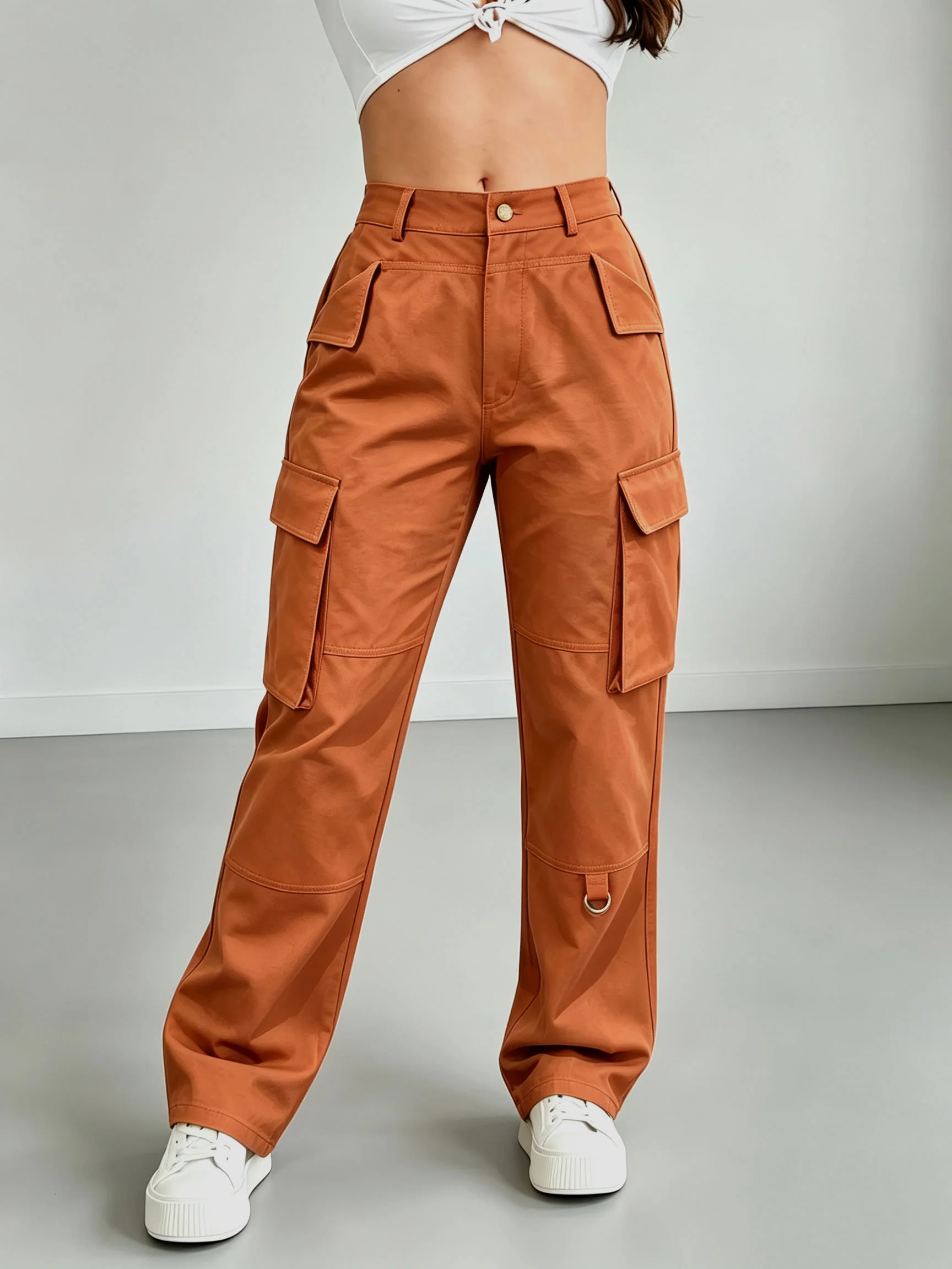 Casual Solid Multi-Pocket Loose Fit Cargo Trousers for Women