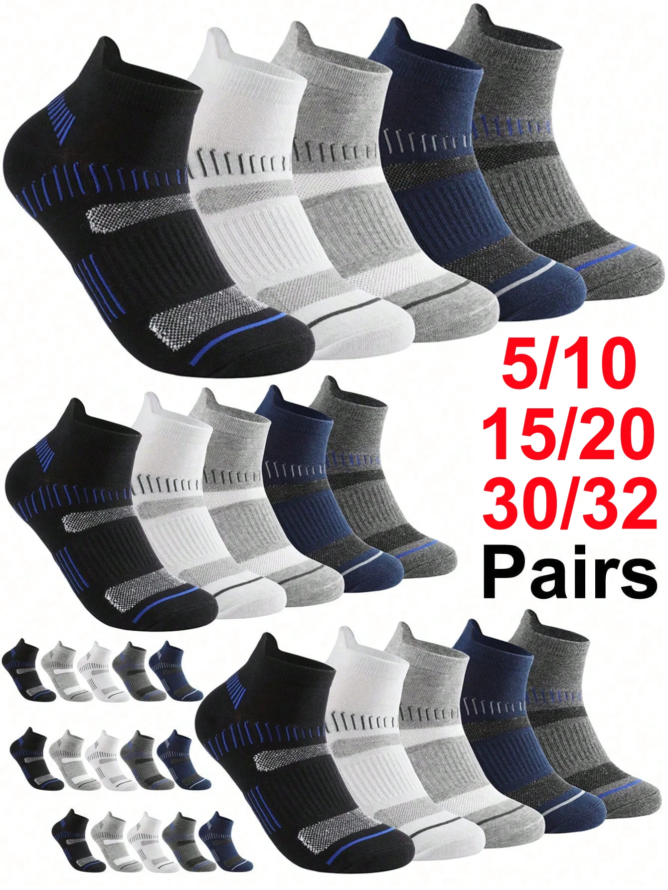 

Набор мужских хлопковых спортивных носков (5/10/30 пар) с сетчатой вязкой, дышащие, для бега, баскетбола, велоспорта, короткие мужские носки