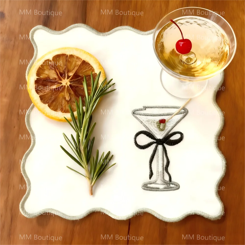 

6Pcs Embroidered Martini Cocktail Coasters Individual Placemats Wavy-Edged Polyester Fabric Mats for Parties Bar Table Decor
