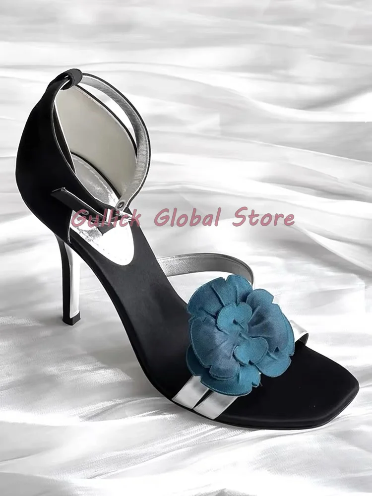 2024 New Genuine Leather Round Toe Flower Decoration Cover Heel Ankle Buckle Sandals Summer Dress Comfortable Breathable Shoes