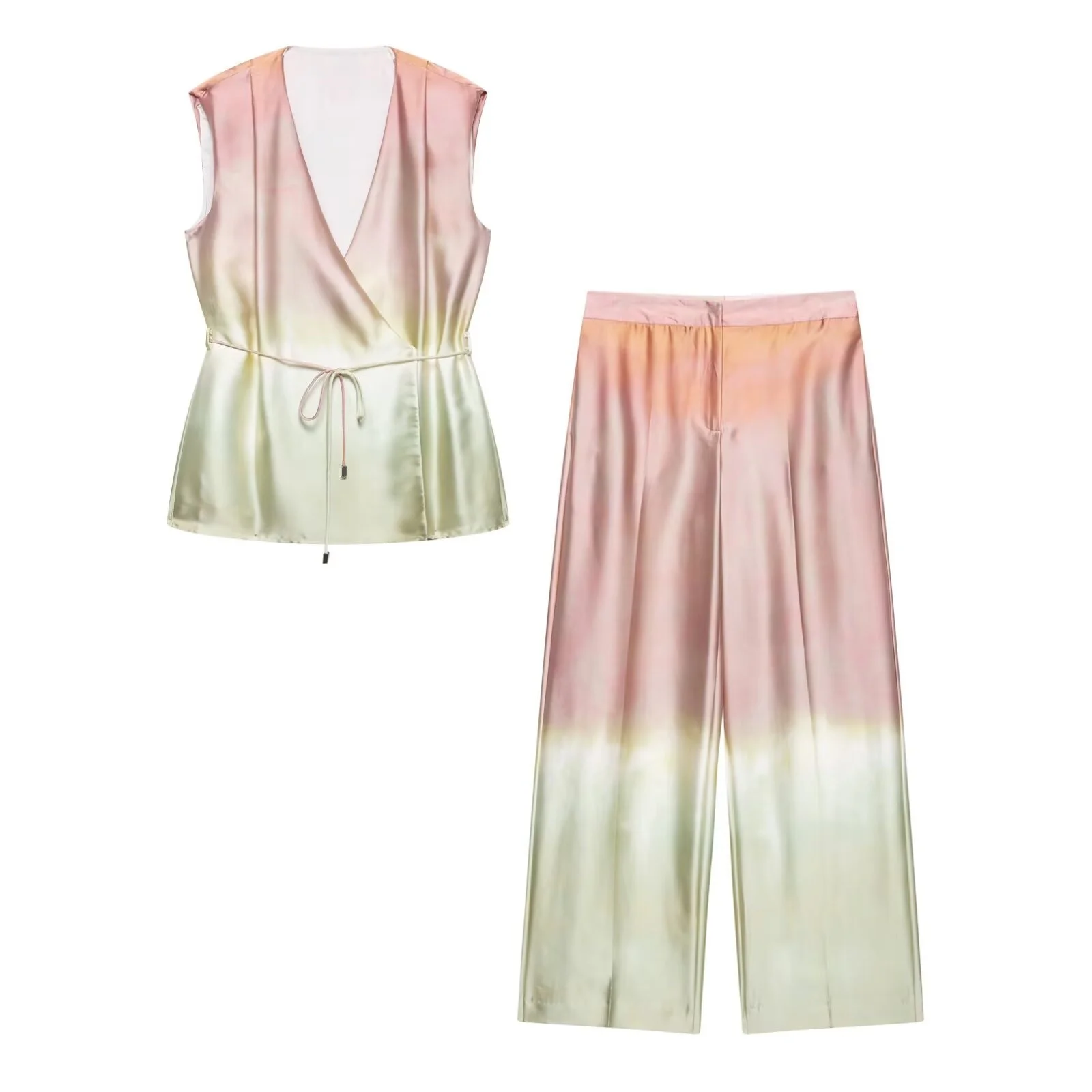 

Taop&Za 2025 Womens Sleeveless Wrap Top and Wide Leg Pants Set with Waist Tie Detail and Matching Patterns