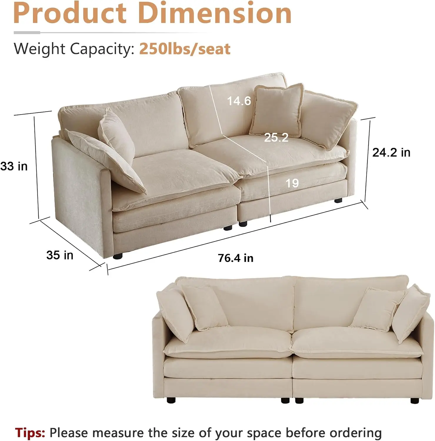 mikibama Luxury 2 Piece Sofa Set, 2 Pieces of Loveseat Sofa, Modern Chenille Comfy Cloud Couches Set for Living Room Office with