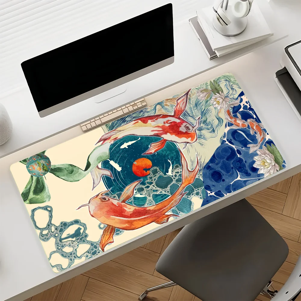 Double-striped Koi Mouse Pad Large Non-Slip Waterproof Mat Stitched Edge Keyboard Pad for Gaming Daily Office