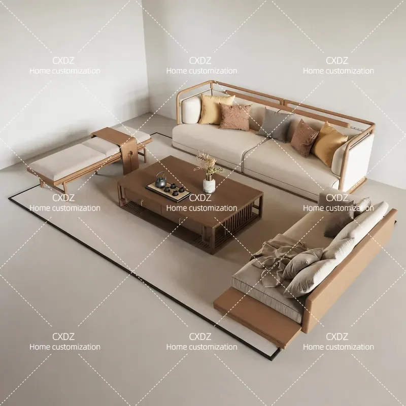New Chinese Style Hotel Lobby Reception Sofa and Coffee Table Set Leather Living Room Furniture Combination for B&B Model