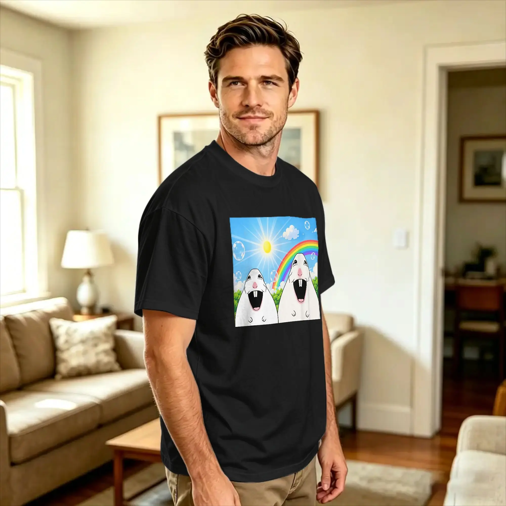 Funny Happy Hamster Creature Rainbow Sunshine Meme Cotton T Shirt For Men's Summer  Funny T Shirts Harajuku Tees Custom DIY Tops