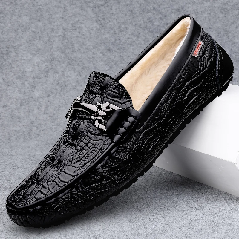 Winter Leather Fur Loafers Men Casual Shoes Luxury Slip on Flats Plush Man Moccasins Italian Black Male Driving Shoes Sneakers