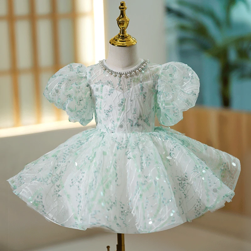 

2023 Elegant Wedding Kids Formal Occasion Dress Mint Green for Little Girls Party Pageant Short Evening Gowns Luxury Eid Dresses