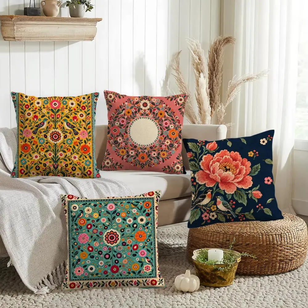 Teal Embroidered Garden Cushion Cover Silky Short Plush Invisible Zipper Dustproof Sofa Pillow Case for Home Decor