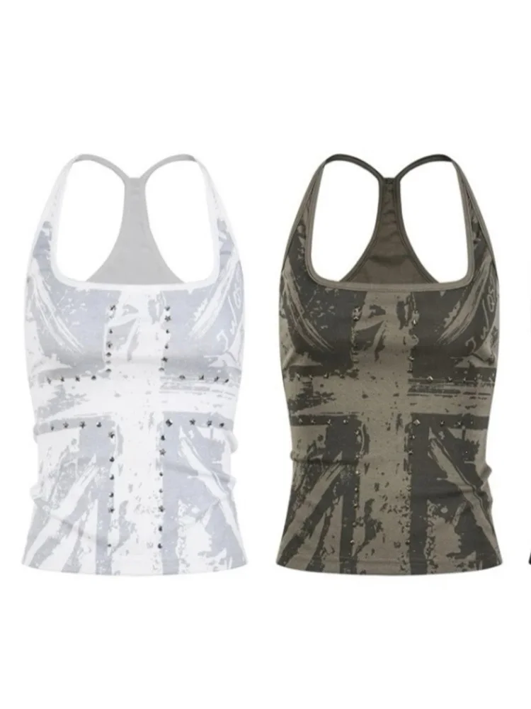 2026 Sommer Damen Punk Rave Festival Distressed Graffiti Print Metall-Stern-Nieten Quadratischer Ausschnitt Racerback Bodycon Crop Tank Top – Detail 6