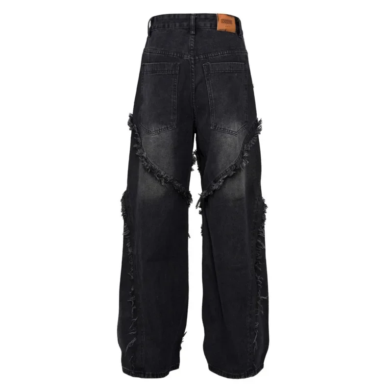 High Street American Washed Distressed Spliced Cat Whisker Jeans for Both Men and Women, Loose Wide Leg Straight Leg Long Pants - Image 4