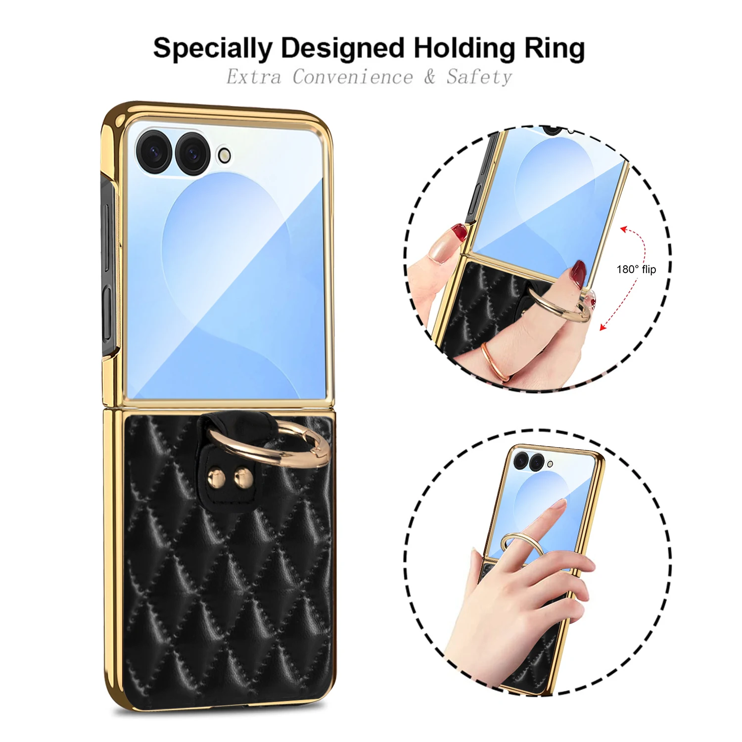 Luxury Ring Buckle PU Leather Phone Case for Galaxy Z Flip 8/7/6/5/4/3 Compatible Back Cover with Stand Function