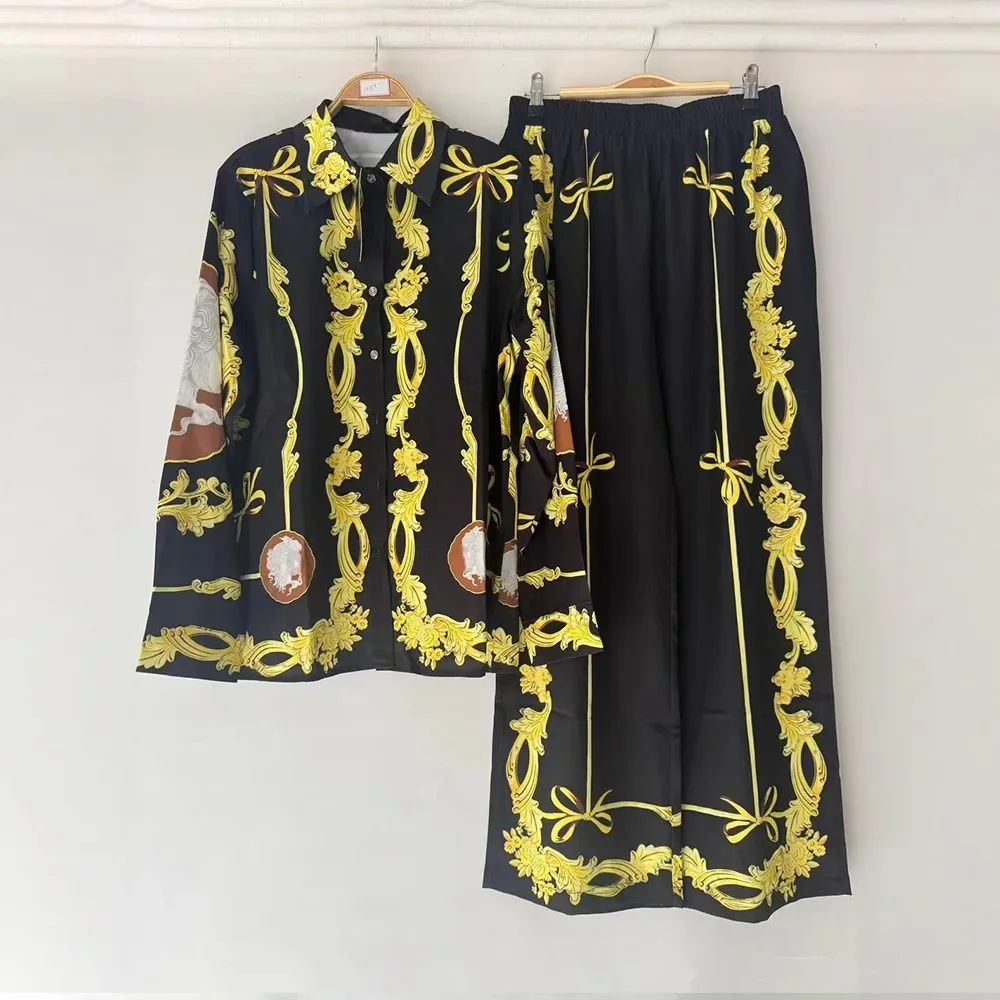

Fashion Two Piece Sets Womens Outifits Royal Court Style Printed Lapel Loose Long Sleeve Shirts Middle Waist Wide Leg Pant Suit