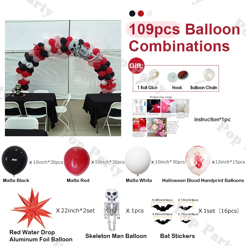 109pcs Halloween Balloons Horror Theme Party Balloon Arch Matte Red and Black Balloons Skeleton and Red Water Drop Foil Balloons