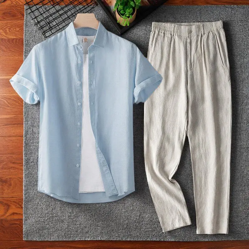 

Summer Men's Thin Cotton Linen Shirt Sets Chinese Style Simple Lapel Loose Button Down Shirts and Elastic Waist Nine Cents Pants