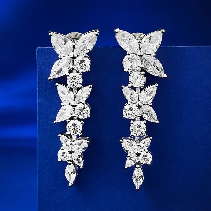 

Fine Flower Moissanite Diamond Dangle Earring 100% Real 925 Sterling Silver Wedding Drop Earrings for Women Bridal Jewelry Gift