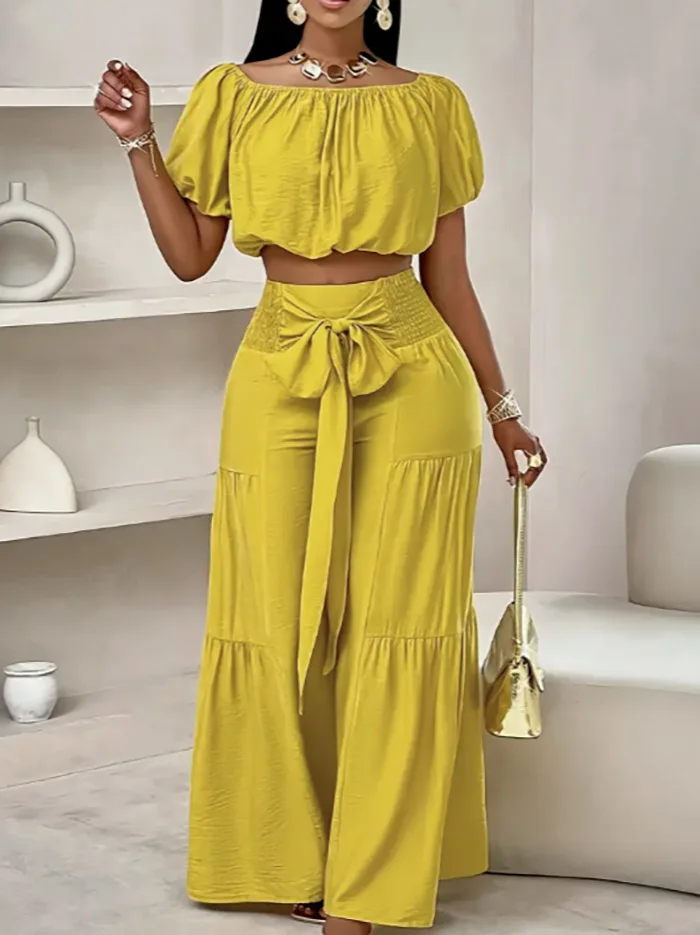 

2025 Summer New Fashion Commuter Women's Suit Casual Solid Color One-length Neck Short Top Tie-fitting Loose Flared Trousers Set