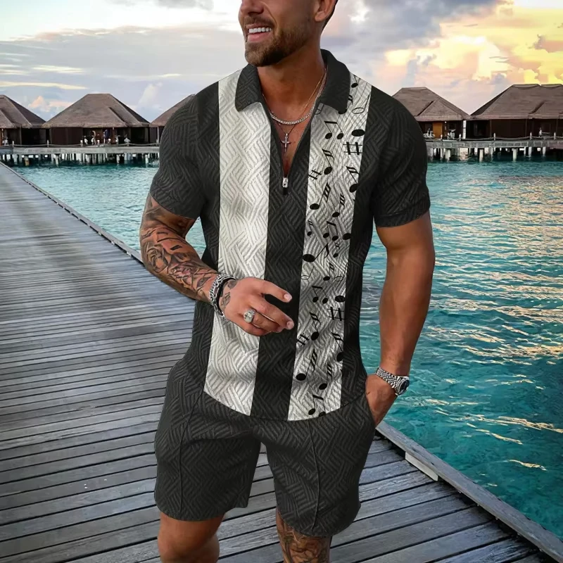 Fashion Men's Suit Zipper Polo Shirt Shorts Pants Two Piece Set Coconut Tree Stripe 3D Print Casual Men Clothing Tracksuit Set
