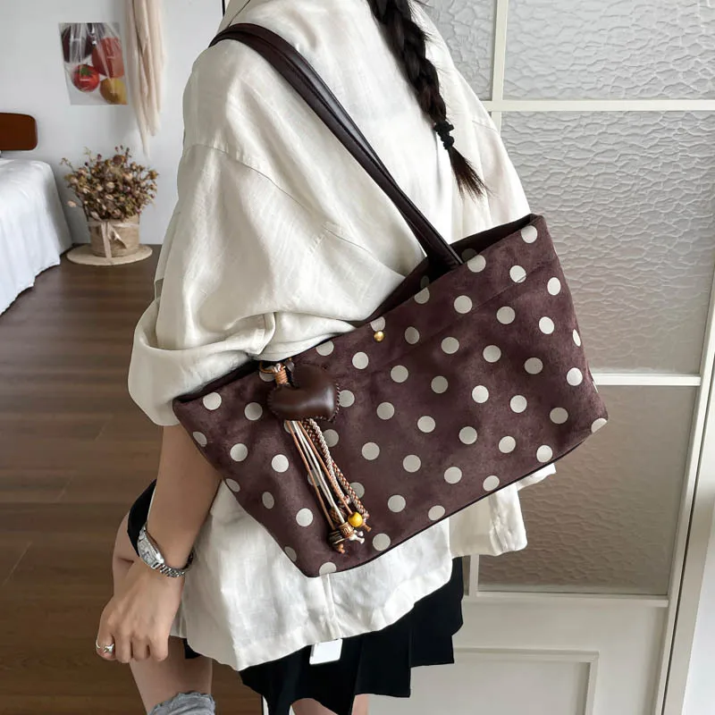 Vintage Polka Dot Women Shoulder Bags Simple Female Handbags Commute Tassel Composite Bag Casual Scrub Leather Ladies Big Tote