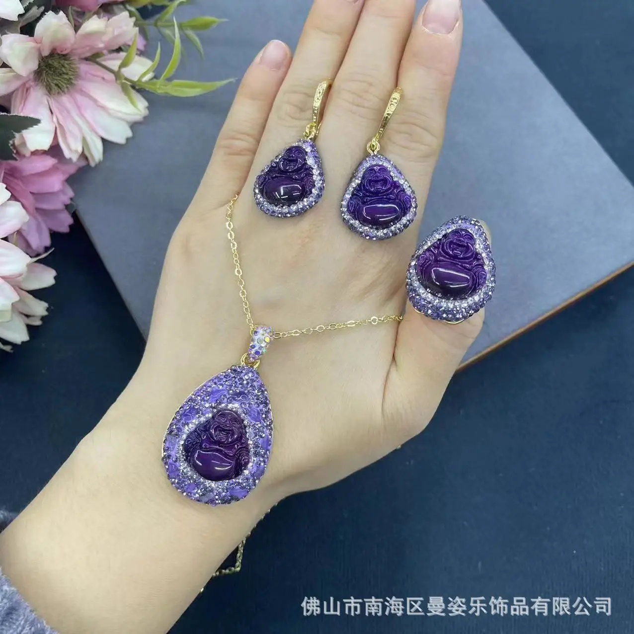 DIY accessories New Chinese-style purple smiling Buddha jewelry set inlaid with amethyst exquisite three-piece set, retro clay p