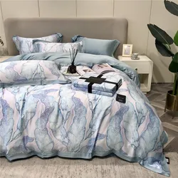 2023 Newest Long Staple Cotton Plant Pattern Four-piece Bedding Household Must Four Seasons Universal Luxury Bedding Light Blue