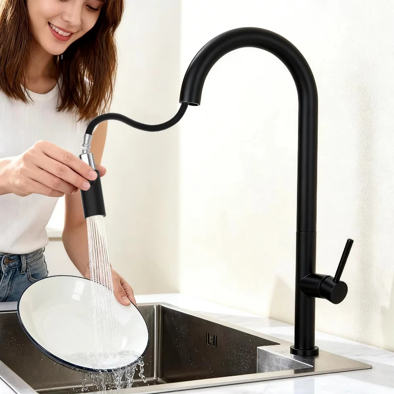 Single-handle stainless steel 304 kitchen pull-out faucet with 2-function sprayer