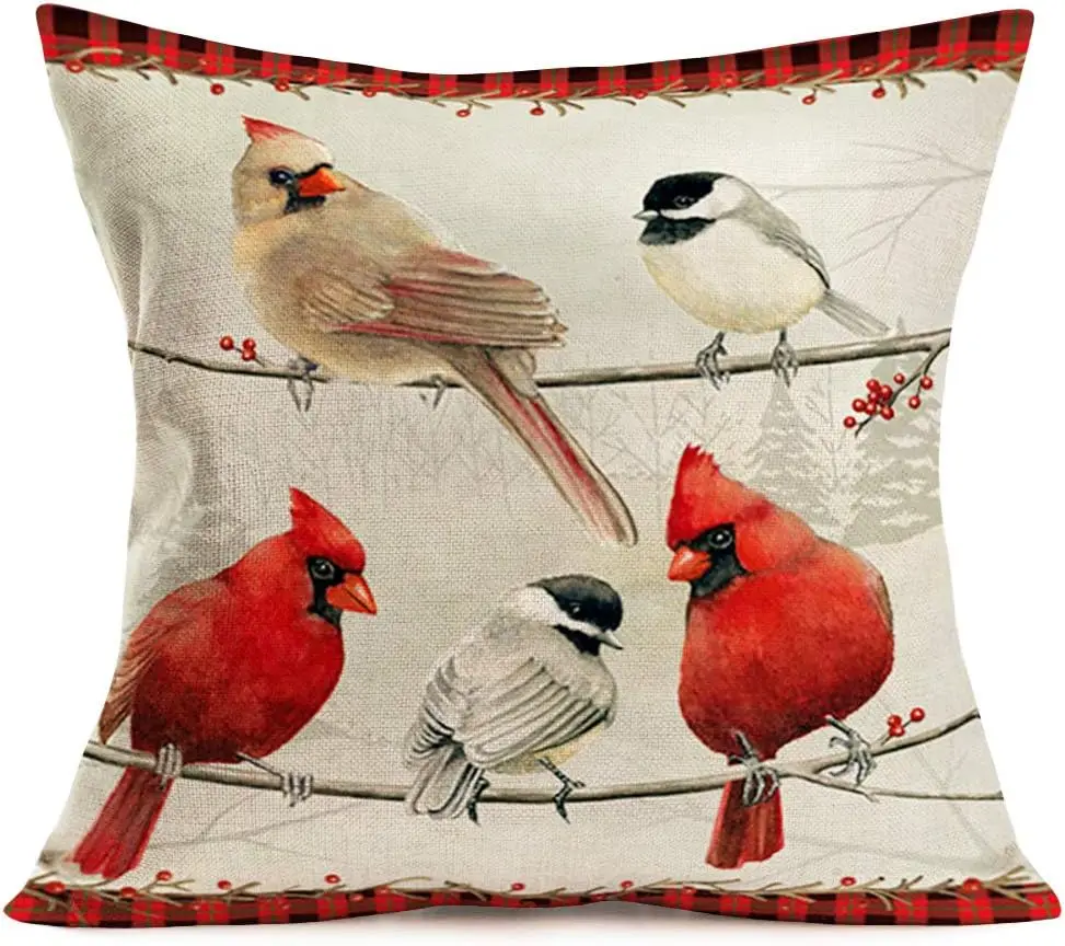 

Cardinal Birds 1pc Throw Pillow Covers Red Christmas Bird Farmhouse Pillow Cover 18x18 Inch Cotton Linen Animals Pillow Cases