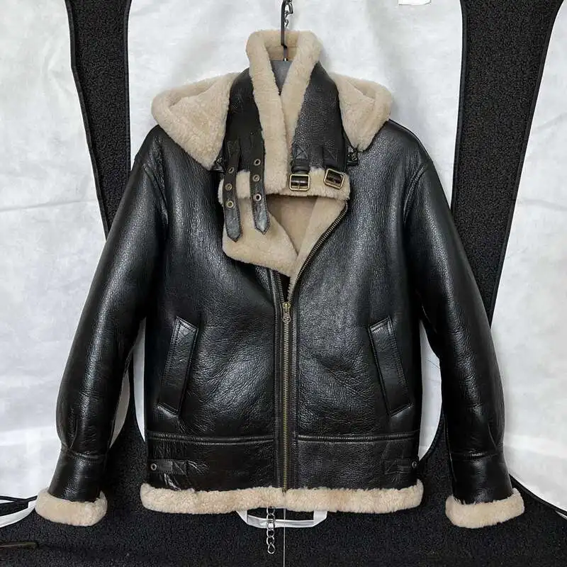 

Men 100% real fur jacket with hat.quality winter warm genuine leather coat.sheepskin wool.