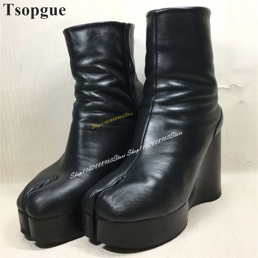 Western Mid Calf Black Handmade Leather Tabi Boots Wedges Heel Shoes For Women Split Toe 2024 Fashionable Zapatos Para Mujere