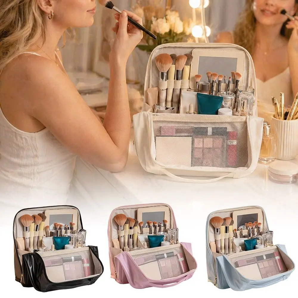 

PU Leather Standing Makeup Bag Waterproof Large Capacity Toiletry Bag with Compartments Stationery Organizer for Travel