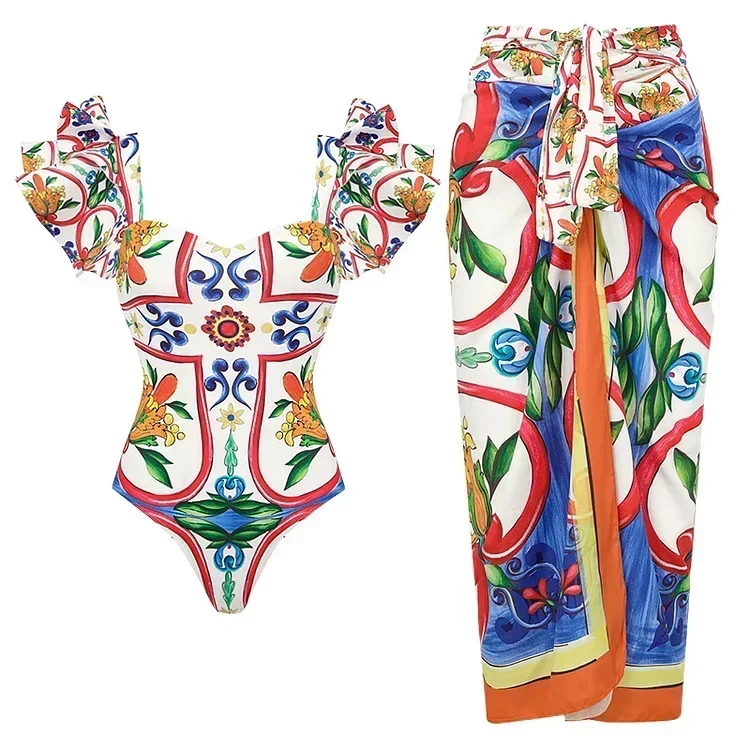 2024 New Swimsuit Set Ruffle One Shoulder Printed One Piece Vacation Swimwear bikini sets Women Beachwear Bathing Suit  Monokini