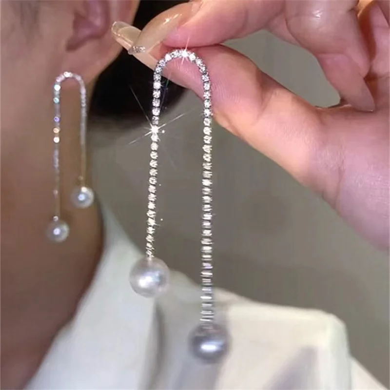 Trendy New Crystal Tassel Earrings for Women Elegant Imitation Pearl Irregular Short Long Hanging Earrings Ladies Party Jewelry