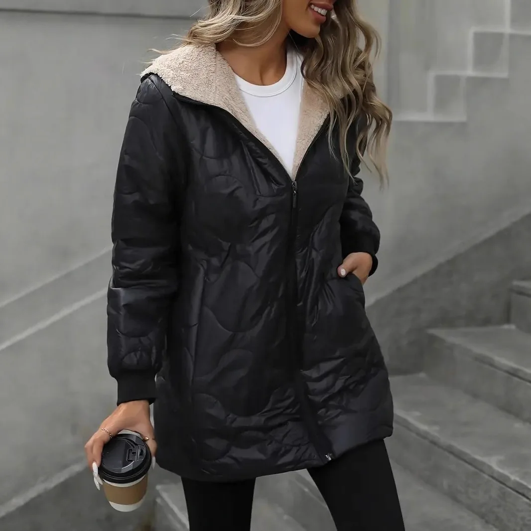 

chamarras invierno mujeres Winter warm long-sleeved jacket 2025 women's hooded long-sleeved velvet solid color mid-length jacket