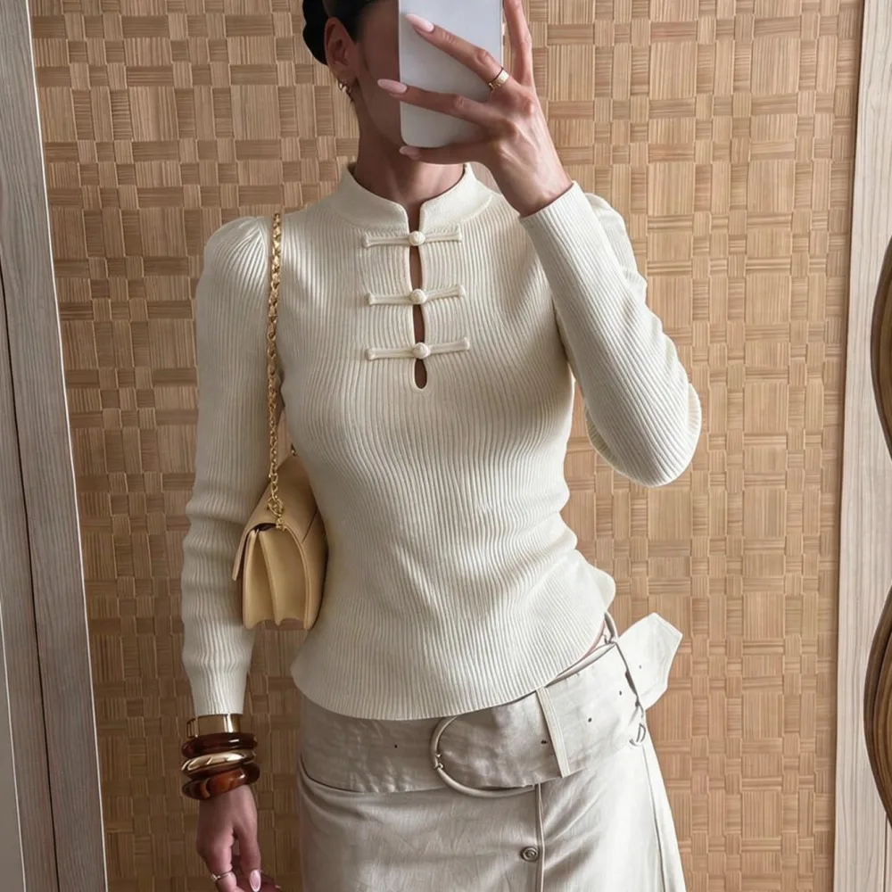 Elegant Womens Sweater Autumn Winter Slim Fit Knitted Pullover Mock Neck Long Sleeve French Style Retro Daily Office Wear Top