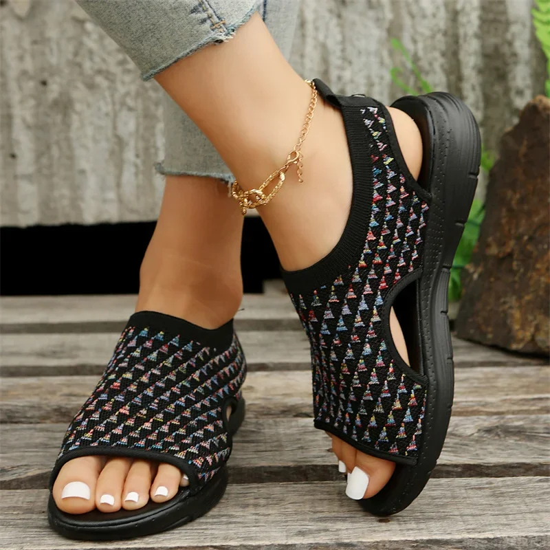 Summer New Women Sandals Knitted Flat Bottom Elastic Knit Shoes Lightweight Soft Sole Anti Slip Casual Sports Sandals Size 43