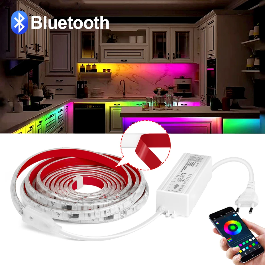 

Smart LED Strip Light Bluetooth Control AC220V Chasing RGBIC Tape Strips SMD5050 Waterproof Adhesive Ribbon For Home Decoration