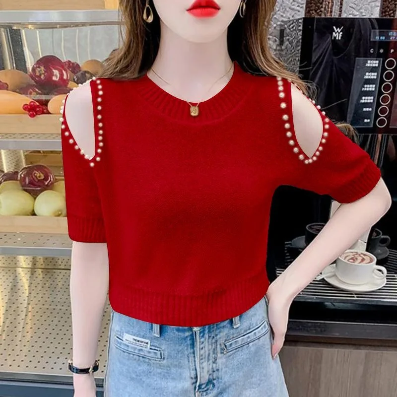 Embroidered Flares Hollow Short-sleeved Ice Silk Knitted T-shirt Women's Summer New Show Shoulder Slim-fit Corp Top