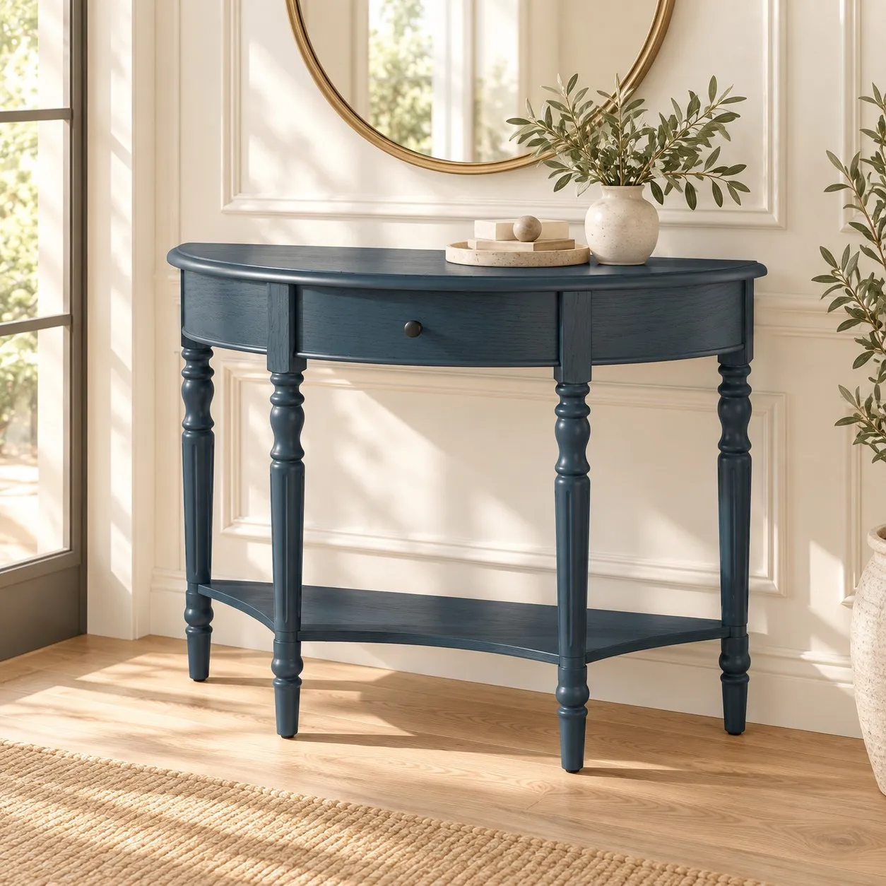39 Inch Half Moon Console Table with Drawer and Lower Shelf, Turned Wood Legs, Rustic Entryway Sofa Table, Multiple Finishes