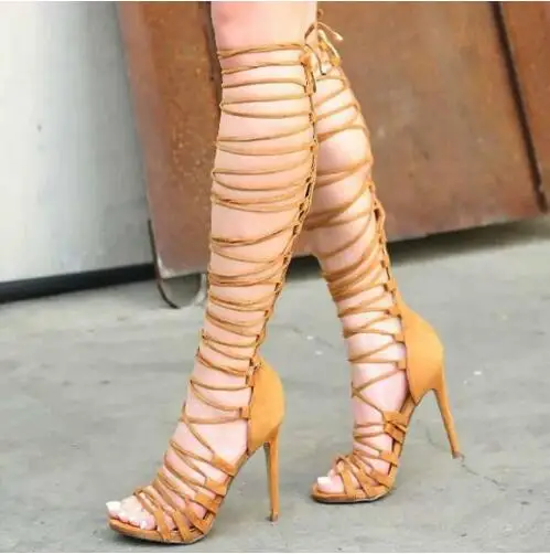 

Summer Women Brown Suede Cross Tied Lace Up Cover Heel Open Toe Thin Heels Knee High Sandals Boots Gladiator Long Boots Shoes