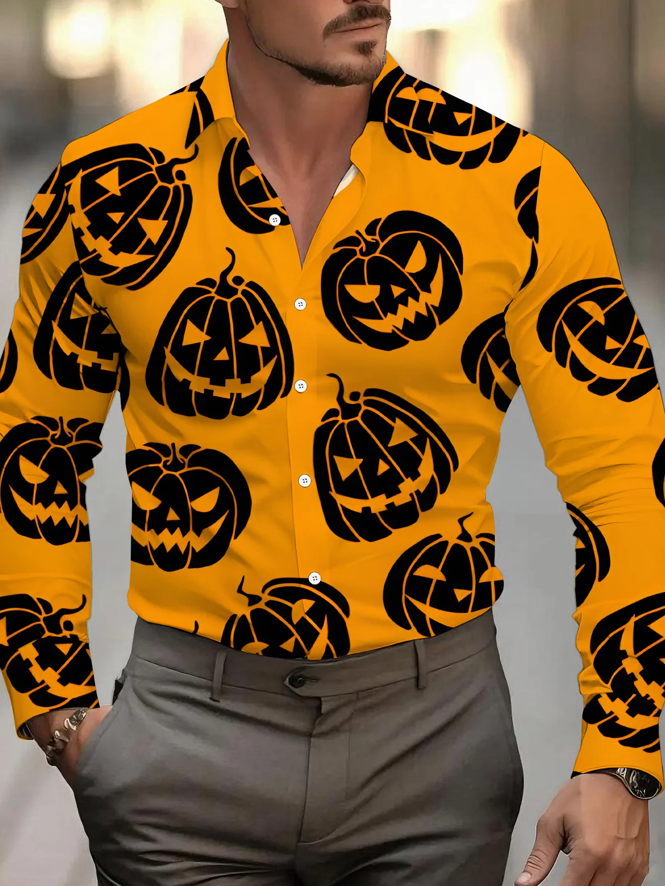 Men's Long Sleeve Shirt Halloween Pumpkin Print Lapel Button‑Up Casual Party Festival Streetwear Men Clothing