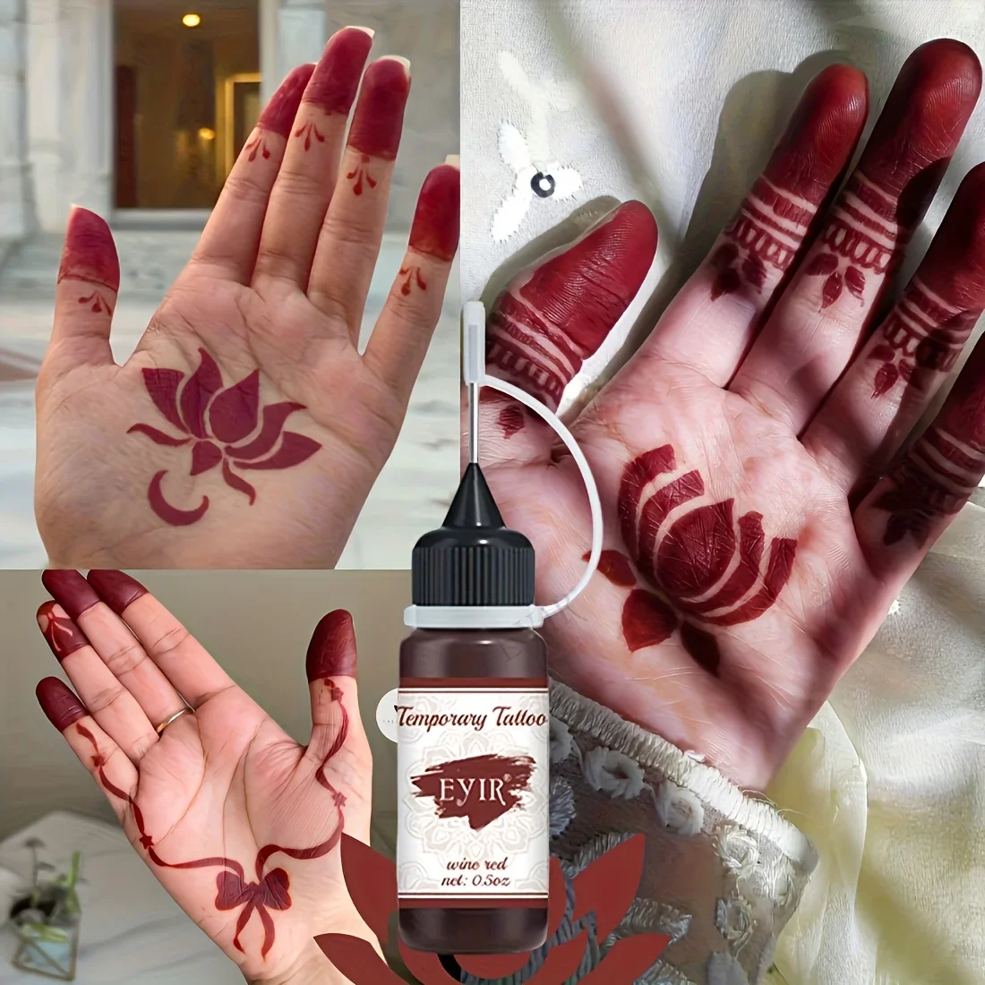 5 Sets Mandala-Blumen-Tattoo-Schablonen, Henna-Tattoo-Paste, weinrot, temporäres Tattoo, DIY-Körperkunst, Gesichts- und Handmalerei, Dekoration – Detail 6
