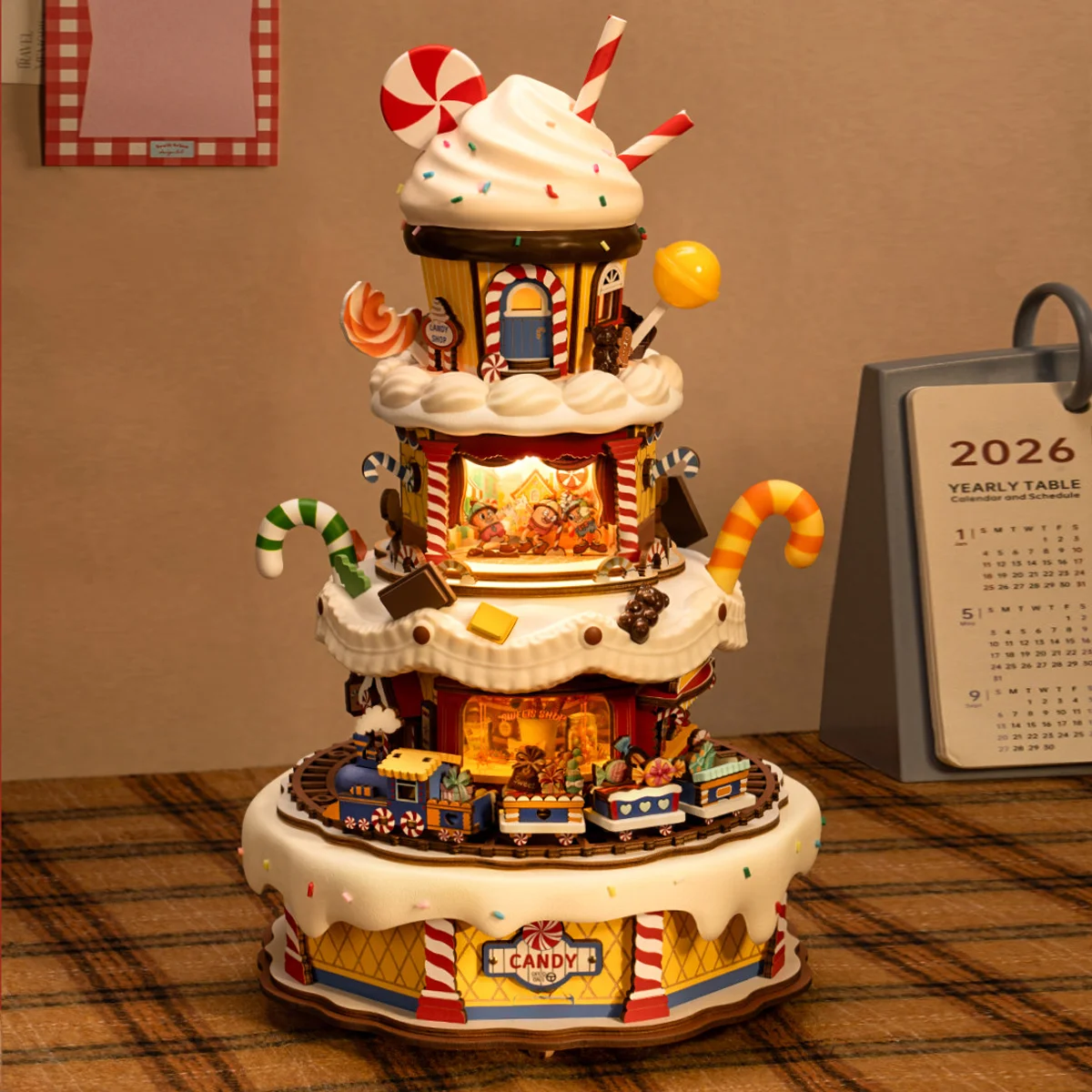 Cake Party Music Box 3D Wooden Puzzle DIY Musical Model Building Kit with LED Light Rotating Display Craft Gift for Women Girls