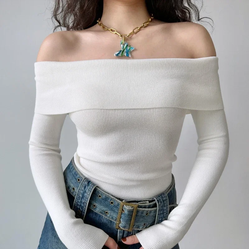 off-Shoulder Knitted Vest Women's Short Slim Long Sleeve Top Black White  Pullover Casual American Style Sexy Spring and Autumn