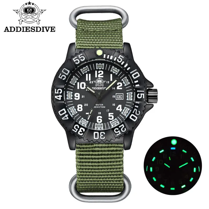 ADDIES 2021 Men\'s Sports Watch Military Luxury Rotating Bezel Luminous Watch NATO Nylon Strap 50m Waterproof Quartz Dive Watch