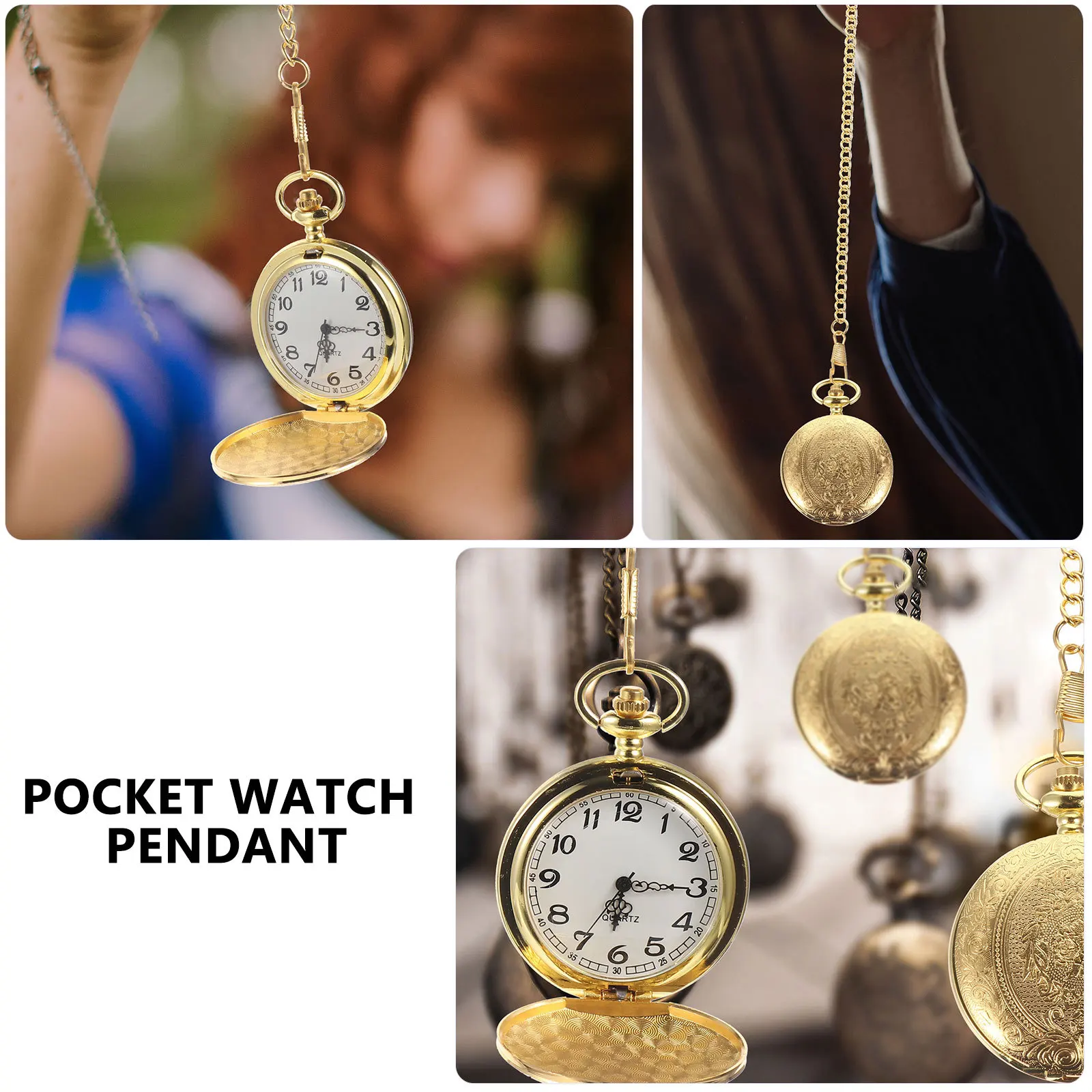 Pocket Watch Necklace Alloy Carved Design Golden Color Hanging Watch Quartz Movement Light Weight Gift